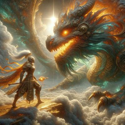 Primary subject: A person standing in front of a dragon.

Setting/background: The person is standing on a rock, with clouds in the background.

Visual style: The image is a digital art or illustration.

Colors and mood: The image has a vibrant and dramatic color scheme, with the dragon being predominantly green and the person wearing gold armor. The overall atmosphere is intense and captivating.